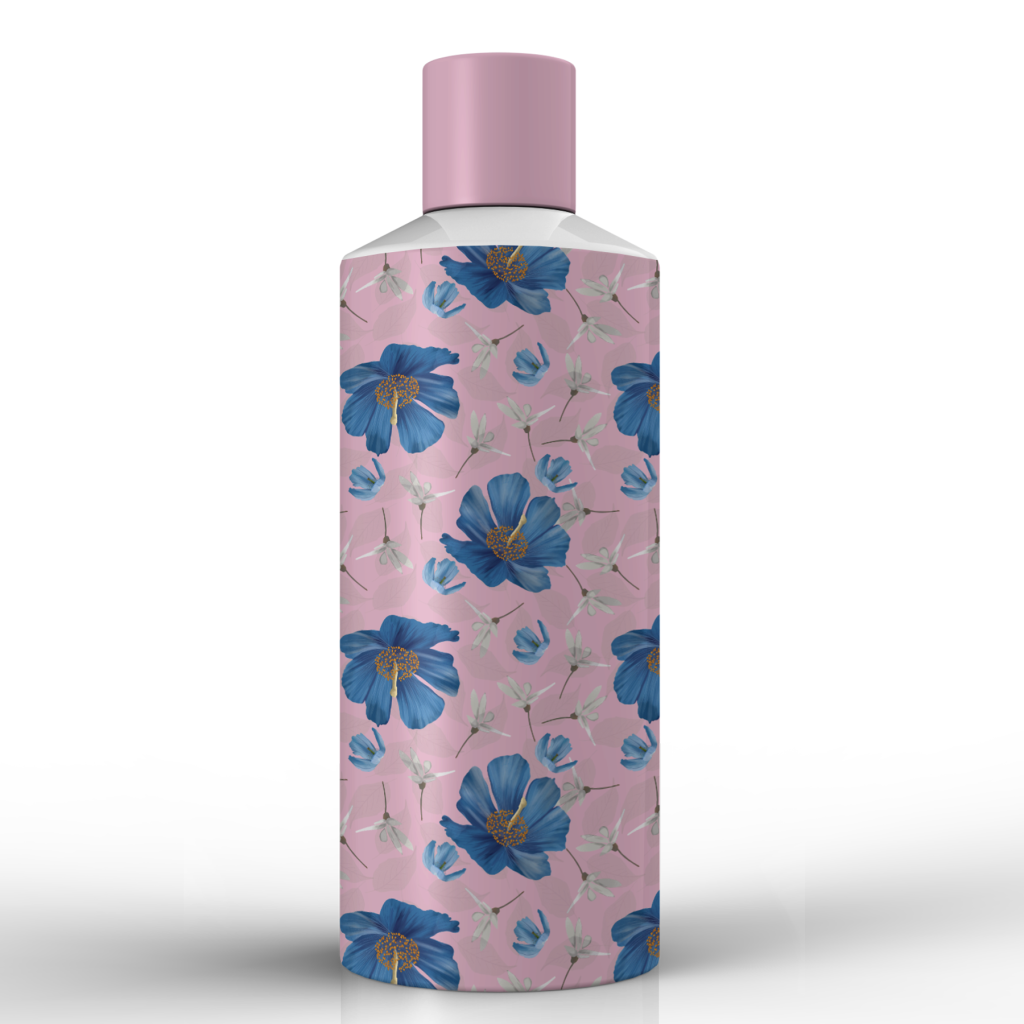 blue tropical flowers on a pink shampoo bottle