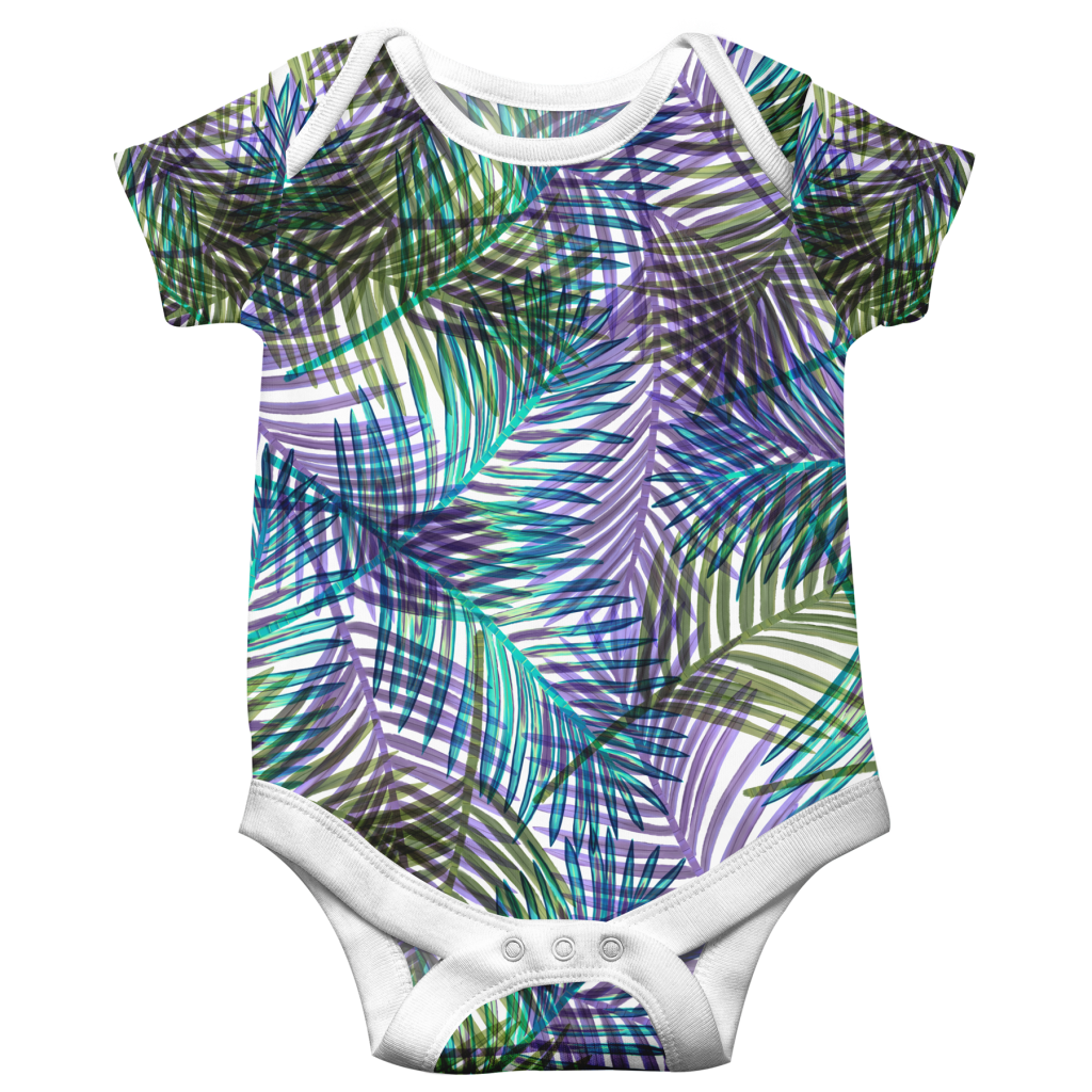 multi coloured tropical palms pattern design for onesies